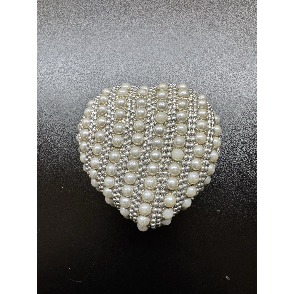 Pearl Beaded Heart Trinket Jewelry Box Faux Pearl Silver Tone Keepsake Box